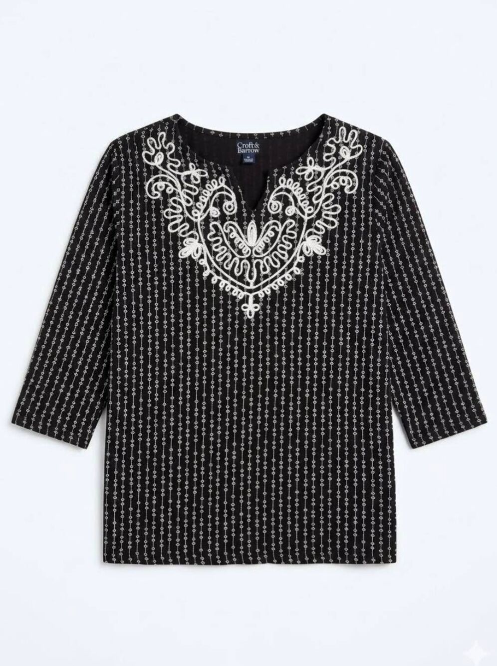 🔺️Croft & Barrow Black & White Embroider Split Neck 3/4 Sleeve Top Size 2X